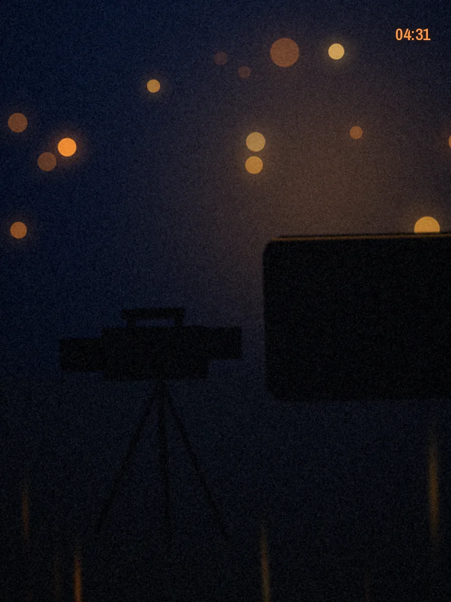 Placeholder: camera on a tripod beside the crew van in a dark carpark, 4:31am