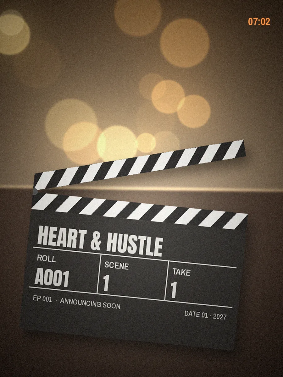 Placeholder: the Heart & Hustle slate on the counter, pie cabinet glowing behind